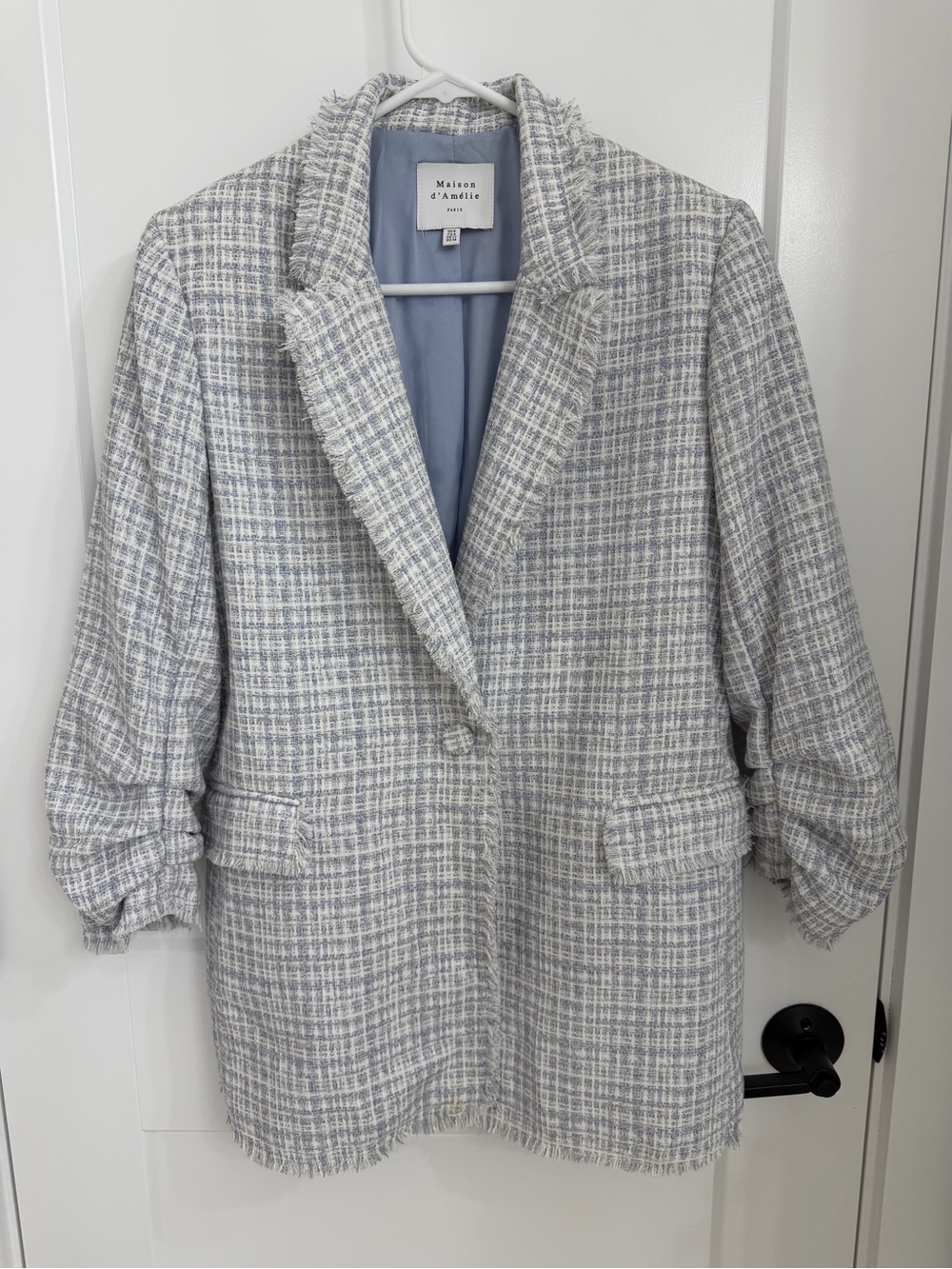 Maison d'Amelie Paris Light Gray & Blue Plaid Tweed Blazer